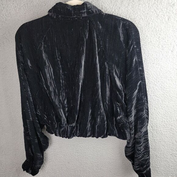 Zara Jacket Womens M Black Crushed Velvet Cropped Silver Zipper Pockets Dolman - Picture 12 of 15